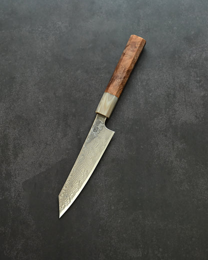 Saruku Homura-Un Petty Knife 135mm Japanese Kitchen Knife SPG2 Damascus  Burl Wood Handle  Buffalo Horn Ferrule