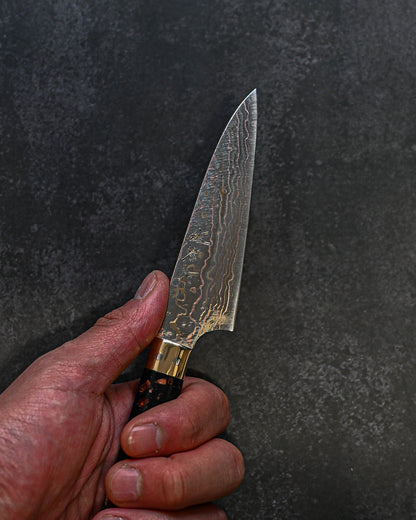 佐治武士 V金10W 有色ダマスカス ペティ 90mm ミガキ仕上げ 黒茶コーリアンハンドル