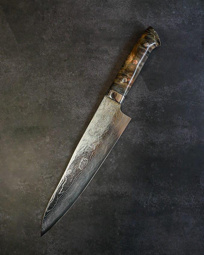 Takeshi Saji VG10 Damascus Gyuto 210mm Diamond Finish Stabilized Wood Handle – Handmade Japanese Chef Knife