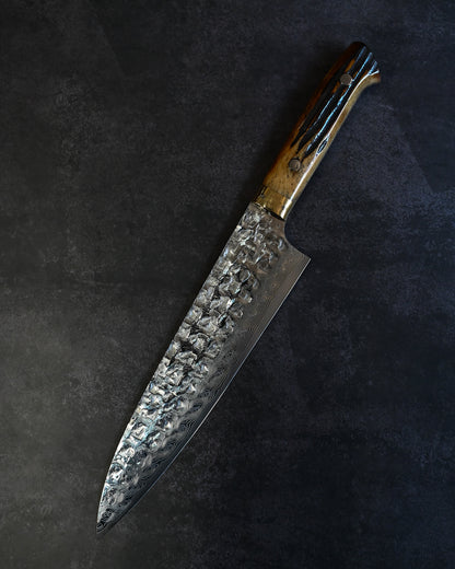 Takeshi Saji VG10 Cross-Hammered Damascus Gyuto 210mm – Diamond Finish – Yellow Deer Antler Handle – Handmade Japanese Chef Knife