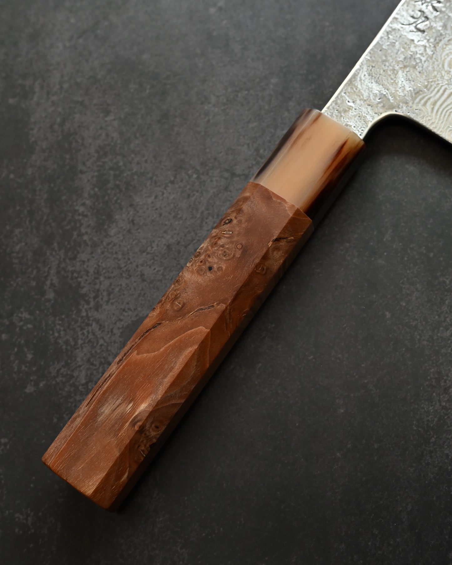 Saruku Homura-Un Santoku Knife 180mm Japanese Kitchen Knife SPG2 Damascus  Burl Wood Handle  Buffalo Horn Ferrule