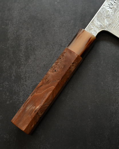 Saruku Homura-Un Santoku Knife 180mm Japanese Kitchen Knife SPG2 Damascus  Burl Wood Handle  Buffalo Horn Ferrule