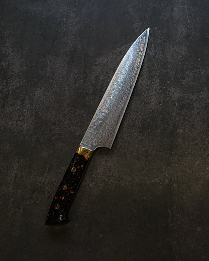 佐治武士 有色ダマスカス 牛刀 210mm ミガキ仕上げ 黒茶コーリアンハンドル 手打ち包丁
