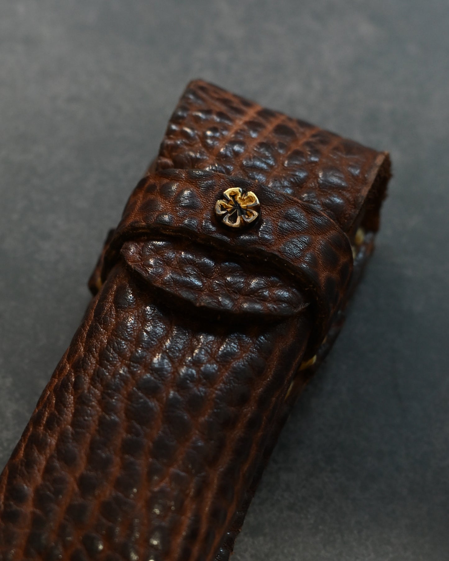 Wtopia One-off Buffalo Leather Pocket Knife Sheath | Bronze Plum Blossom Inlay | Handmade | 