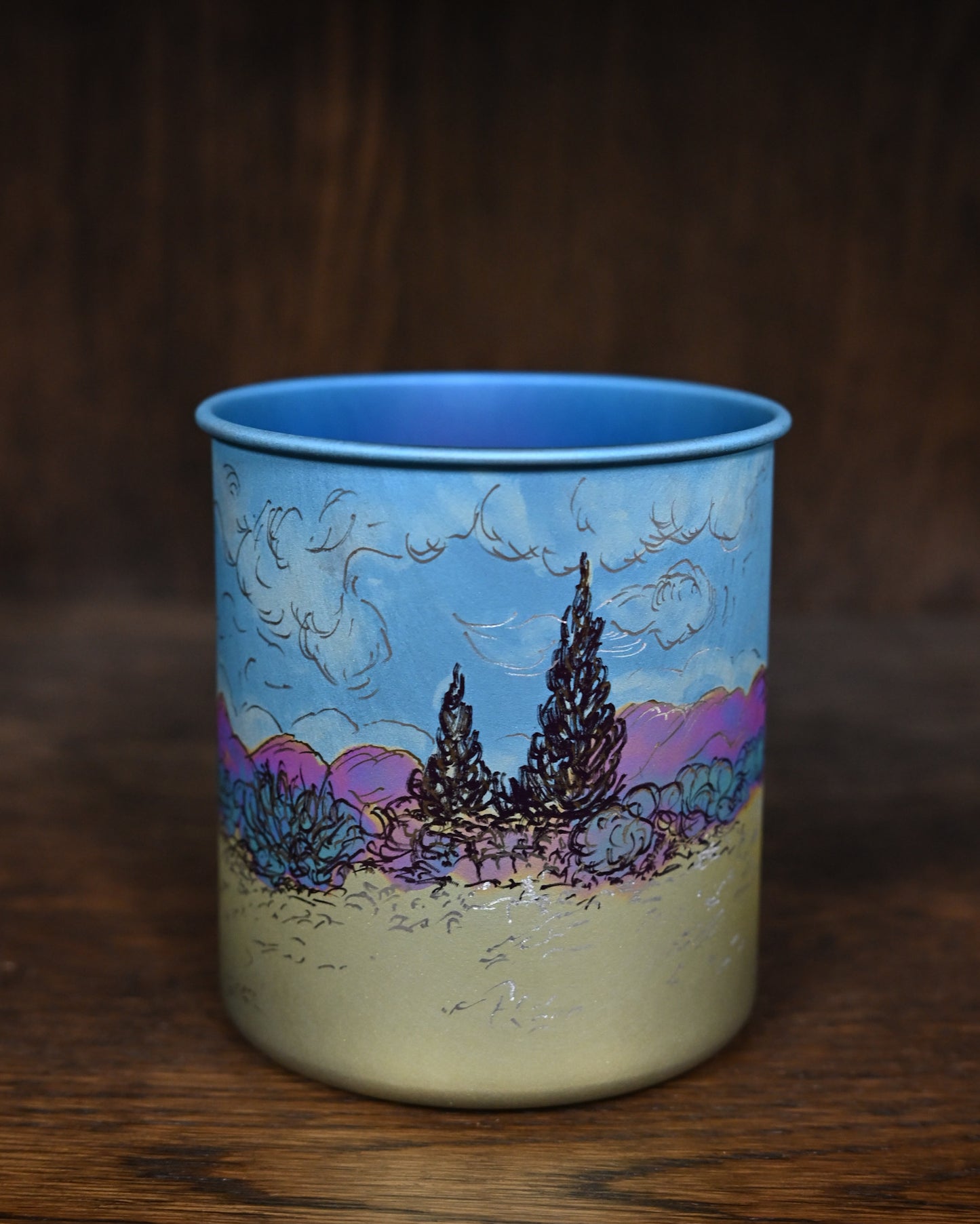 Hand-Carved Custom Edition Mountains & Rivers Snow Peak Titanium Cup