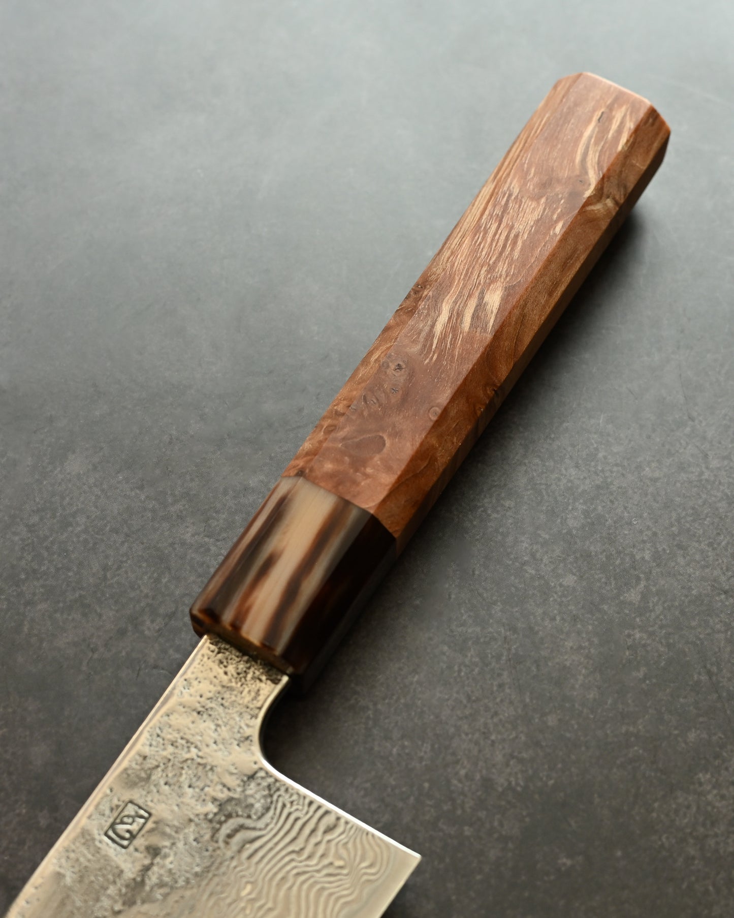 Saruku Homura-Un Santoku Knife 180mm Japanese Kitchen Knife SPG2 Damascus  Burl Wood Handle  Buffalo Horn Ferrule