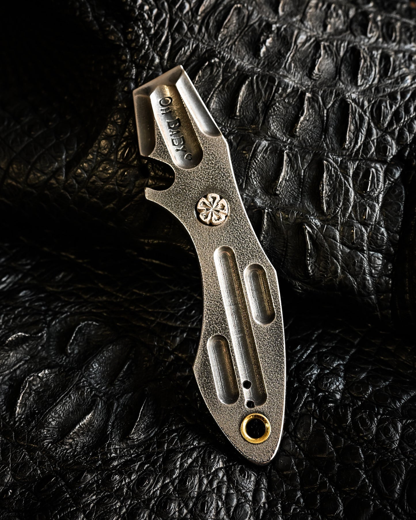 Made in Japan Wtopia One-Off VG7 Laminated Steel EDC Pry Bar / Bottle Opener with Silver Apricot Blossom Inlay and “OH BABY” Stamp