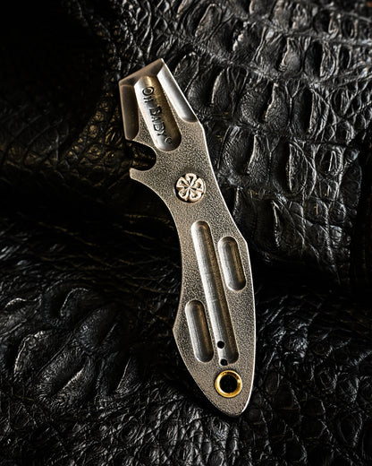 Made in Japan Wtopia One-Off VG7 Laminated Steel EDC Pry Bar / Bottle Opener with Silver Apricot Blossom Inlay and “OH BABY” Stamp