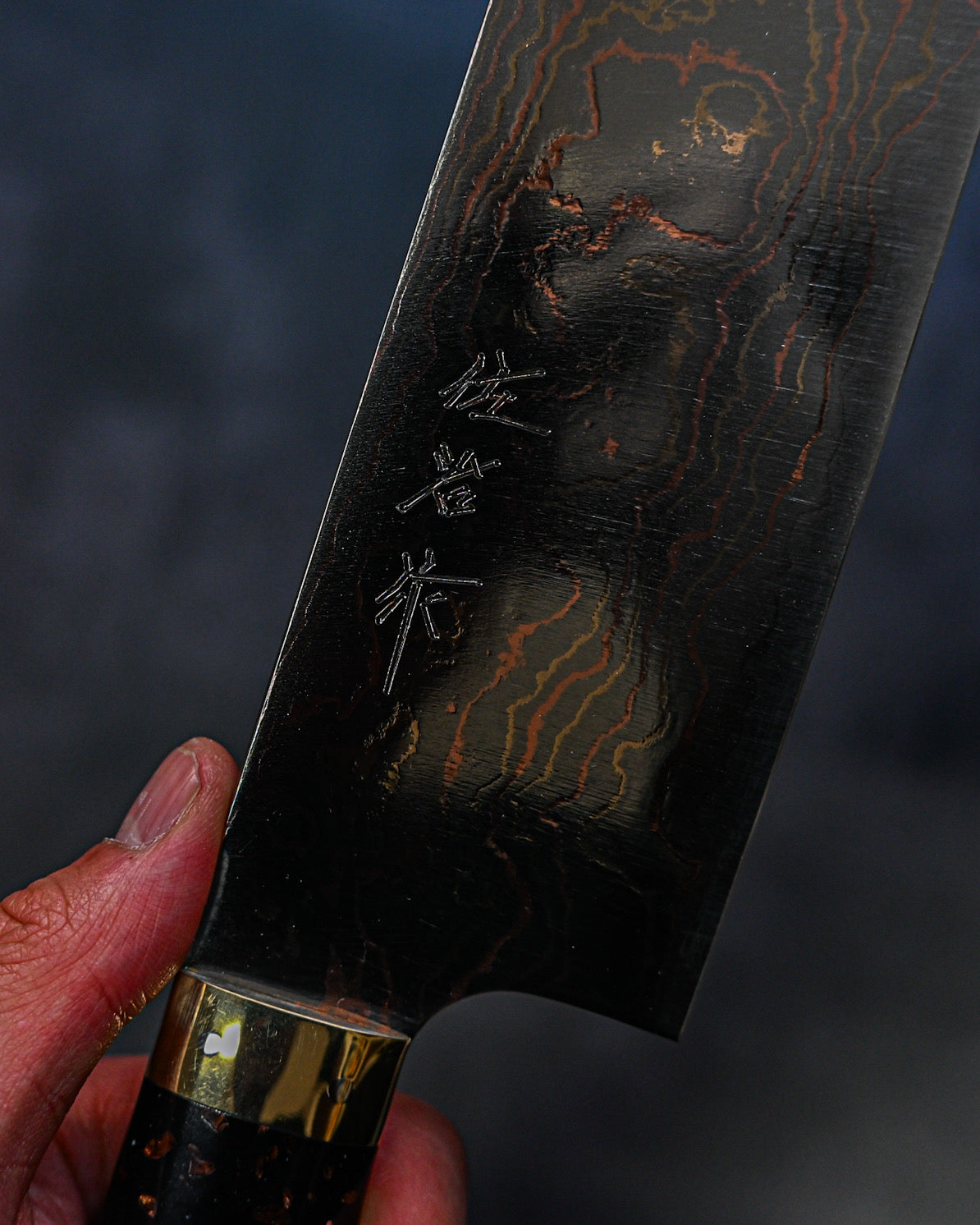 佐治武士 青有色ダマスカス 菜切 165mm 黒茶コーリアンハンドル 手打ち包丁
