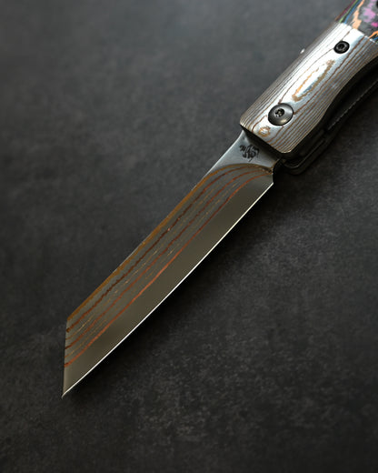 Haoworks Design Eirou  (Shadow Wolf) SG2 Mokume Damascus Folding Knife  Neon Lava Handle