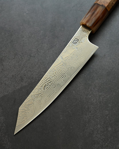 Saruku Homura-Un Petty Knife 135mm Japanese Kitchen Knife SPG2 Damascus  Burl Wood Handle  Buffalo Horn Ferrule