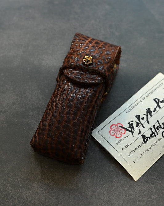 Wtopia One-off Buffalo Leather Pocket Knife Sheath | Bronze Plum Blossom Inlay | Handmade |