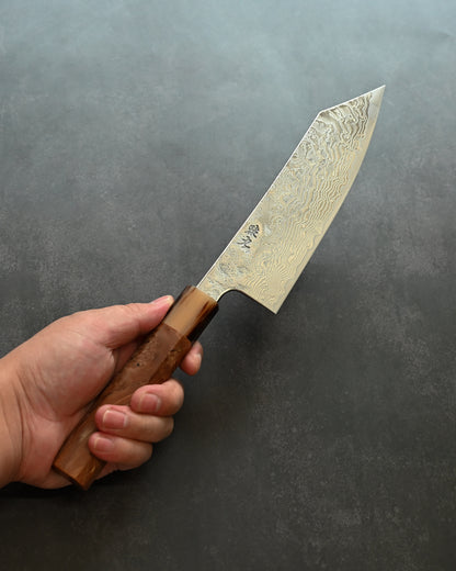 Saruku Homura-Un Santoku Knife 180mm Japanese Kitchen Knife SPG2 Damascus  Burl Wood Handle  Buffalo Horn Ferrule
