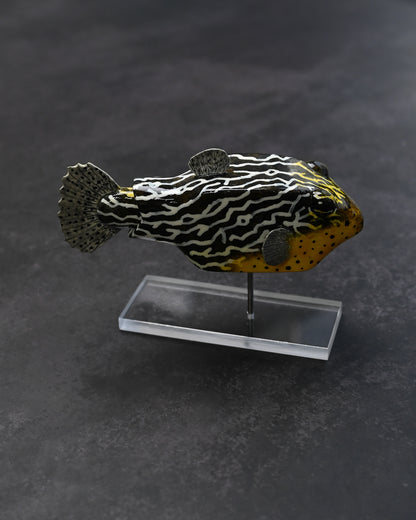 銀座展示会限定 黒澤次夫 手作り ステンレスミニナイフ「ハコフグ」 木彫・手彩色・漆仕上げ魚型シース