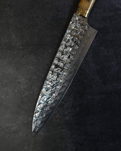 Takeshi Saji VG10 Cross-Hammered Damascus Gyuto 210mm – Diamond Finish – Yellow Deer Antler Handle – Handmade Japanese Chef Knife