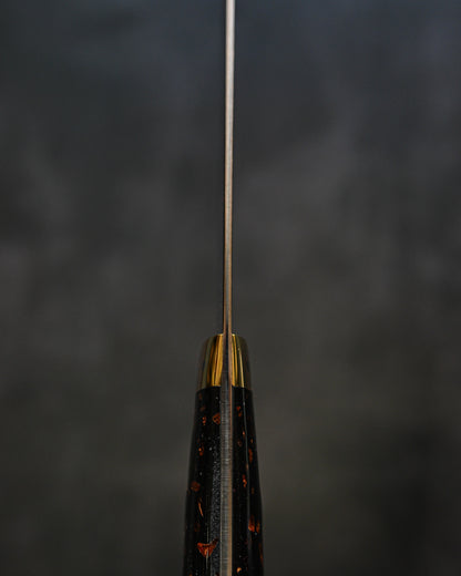 佐治武士 V金10W 有色ダマスカス 牛刀 240mm 黒茶コーリアンハンドル 手打ち包丁