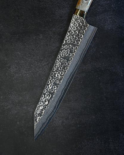 Takeshi Saji Tsuchime Damascus Gyuto 240mm – Deer Antler Handle – Handmade Japanese Chef Knife