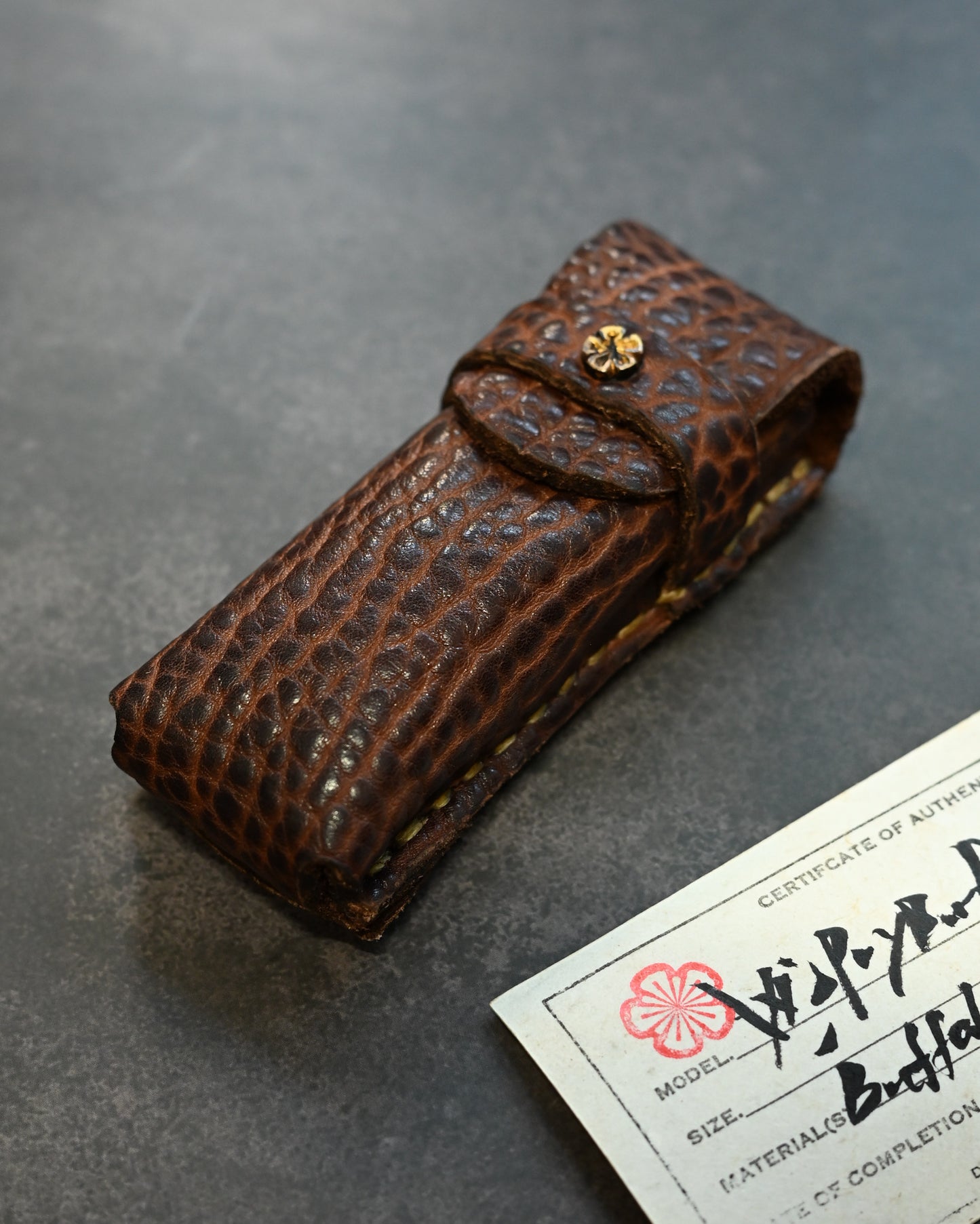 Wtopia One-off Buffalo Leather Pocket Knife Sheath | Bronze Plum Blossom Inlay | Handmade | 