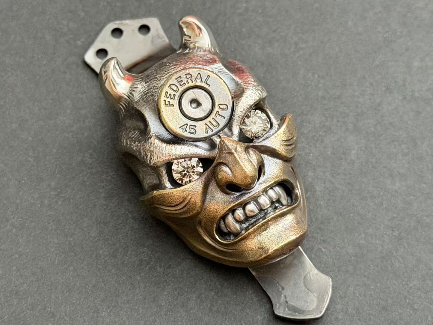 Steel Flame XXXL Silver Hannya Skull with Bronze Mask, 45A Inlay & Faceted Gem Eyes
One-Off · Hand-Signed · Three-Hole Clip