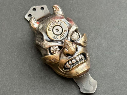 Steel Flame XXXL Silver Hannya Skull with Bronze Mask, 45A Inlay & Faceted Gem Eyes
One-Off · Hand-Signed · Three-Hole Clip