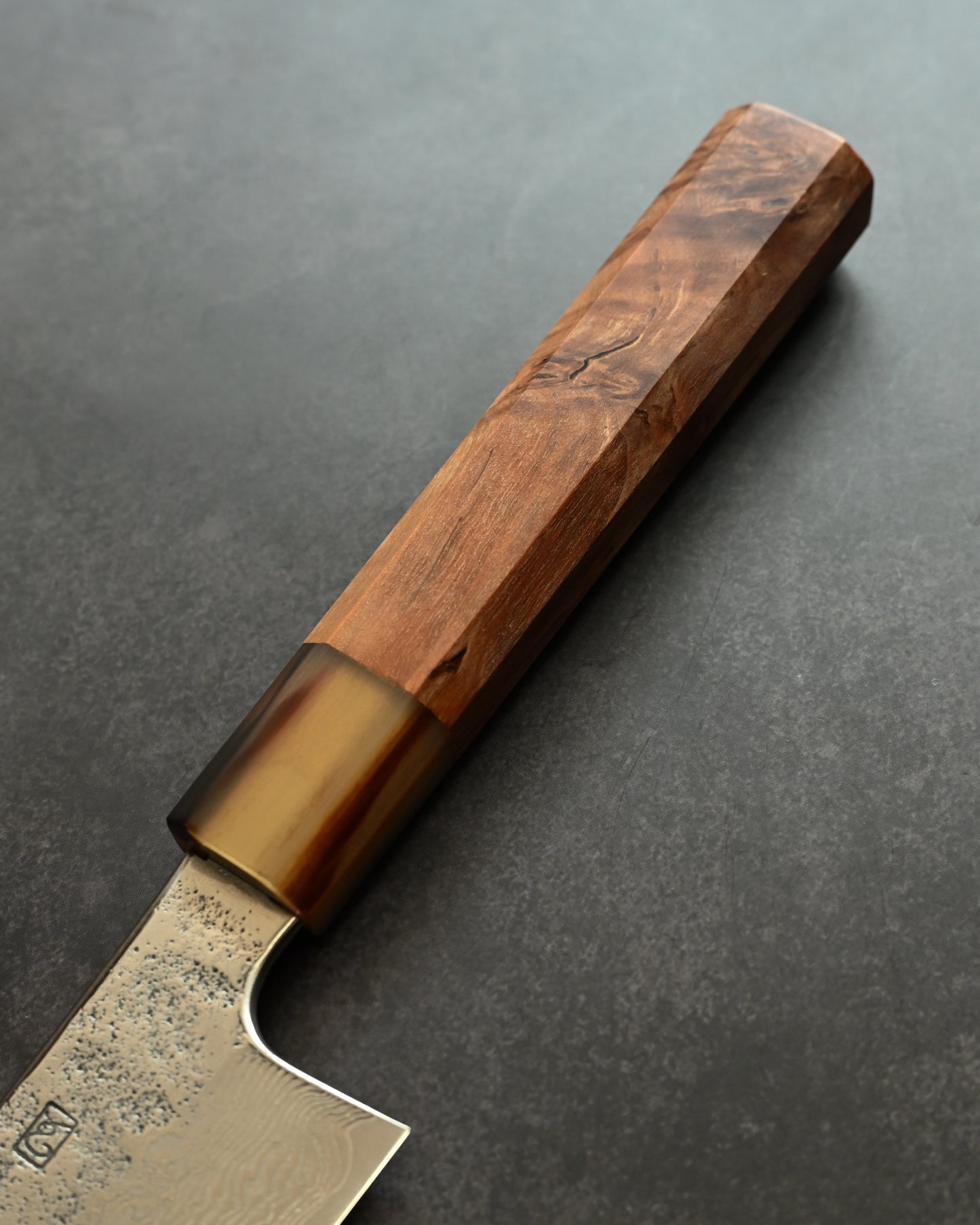 Saruku Homura-Un Knife 165mm Japanese Kitchen Knife SPG2 Damascus  Burl Wood Handle  Buffalo Horn Ferrule