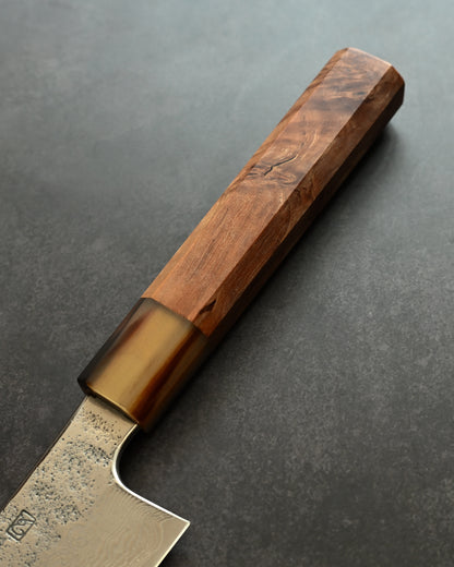 Saruku Homura-Un Knife 165mm Japanese Kitchen Knife SPG2 Damascus  Burl Wood Handle  Buffalo Horn Ferrule