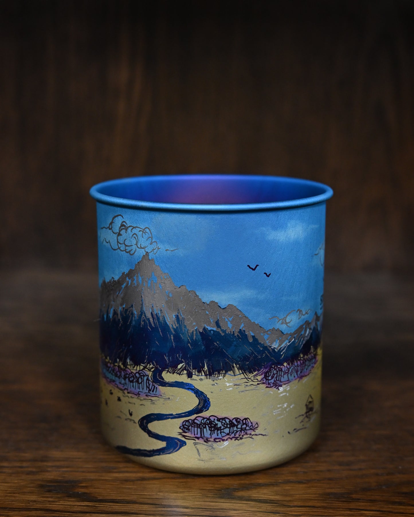 Hand-Carved Custom Edition Mountain & River Snow Peak Titanium Cup