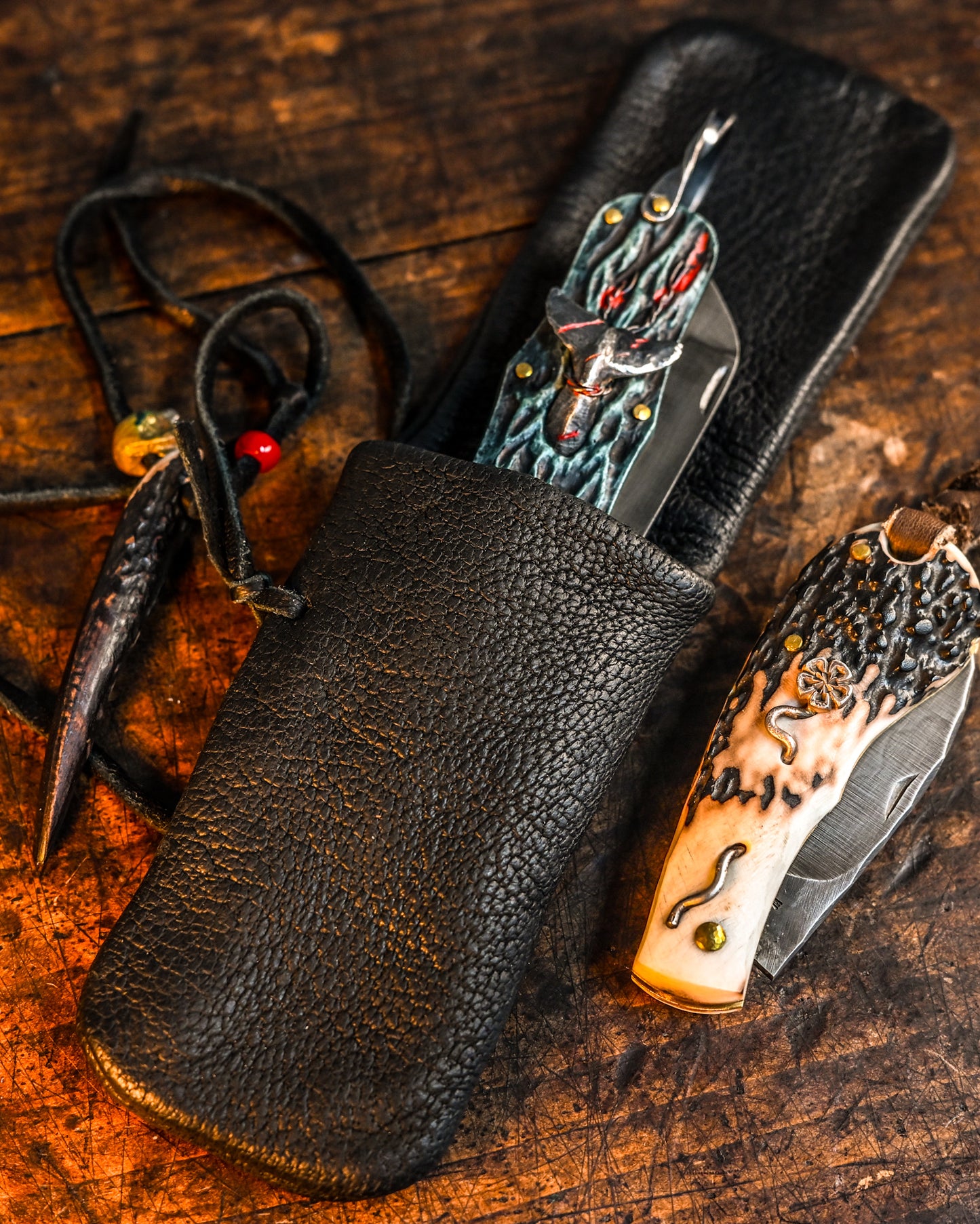 Handmade in Japan - Wtopia Works Exclusive Knife Collector's Case with Rare Leather and Hokkaido Antler Accents