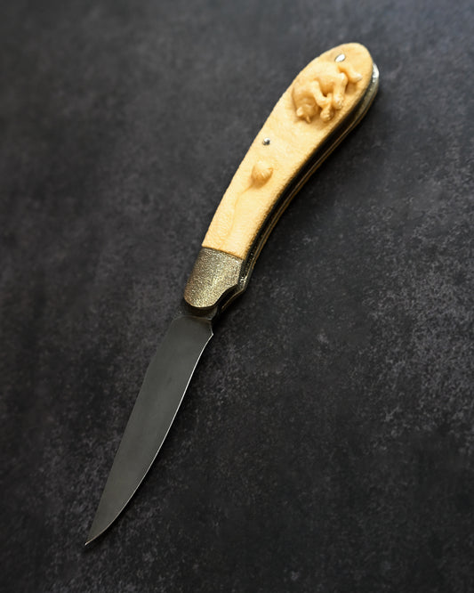 Hidetoshi Nakayama Kyoto Show Edition Handmade EDC Folding Knife Carved Antler Handle with Cat & Hydrangea Motifs