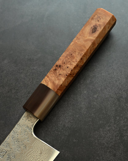 Saruku Homura-Un Santoku Knife 180mm Japanese Kitchen Knife SPG2 Damascus  Burl Wood Handle  Buffalo Horn Ferrule