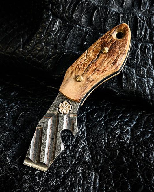 Made in Japan Wtopia One-Off VG7 Laminated Steel EDC Pry Bar / Bottle Opener with Mammoth Ivory Handle and Silver Apricot Blossom Inlay