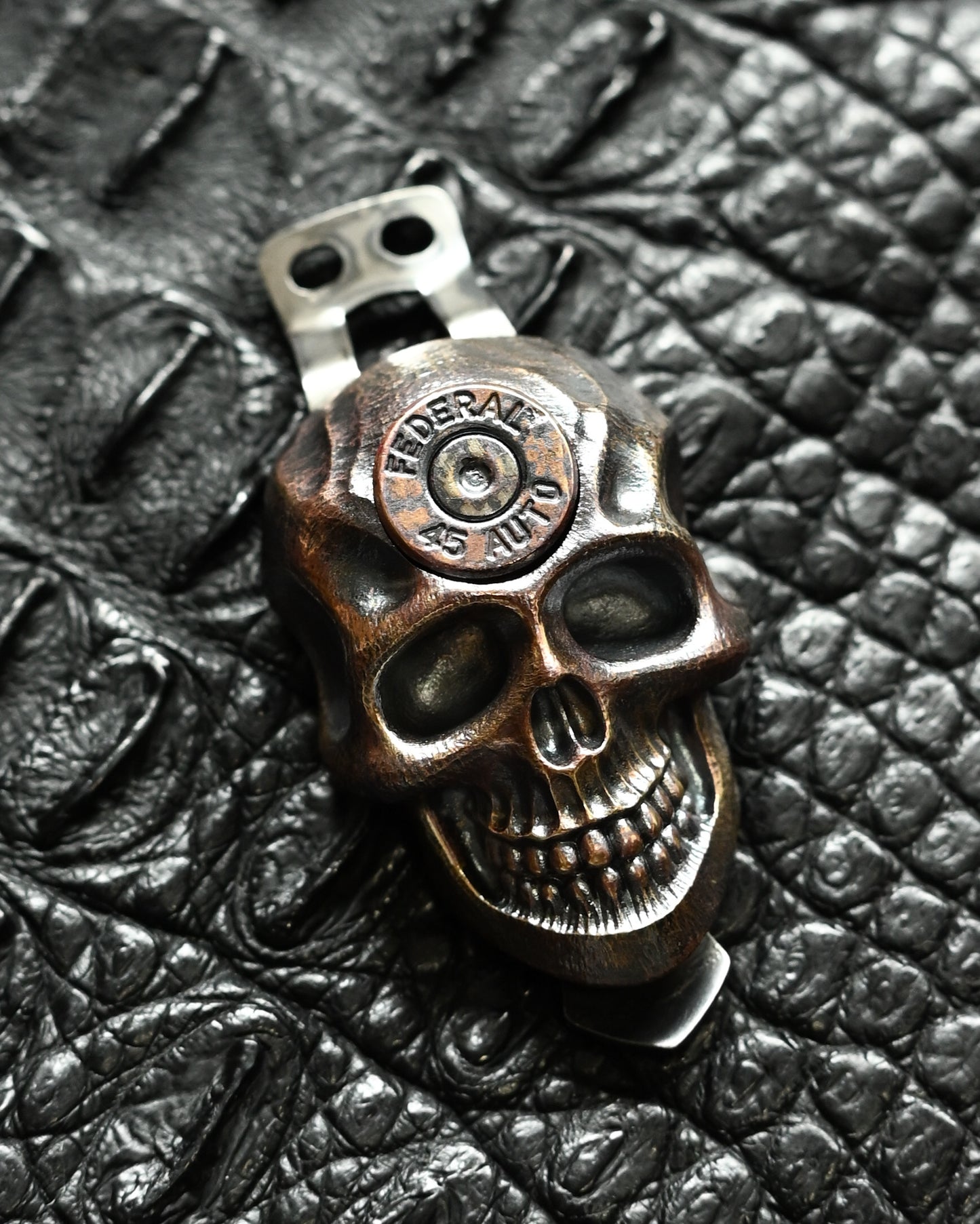 Steel Flame Skull Two-Hole Pocket Clip – Bronze / XXXXL / Federal .45 Auto Inlay / Limited Edition