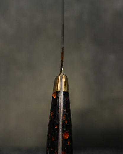 佐治武士 有色ダマスカス 牛刀 210mm ミガキ仕上げ 黒茶コーリアンハンドル 手打ち包丁