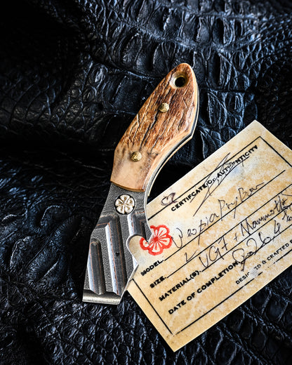 Made in Japan Wtopia One-Off VG7 Laminated Steel EDC Pry Bar / Bottle Opener with Mammoth Ivory Handle and Silver Apricot Blossom Inlay