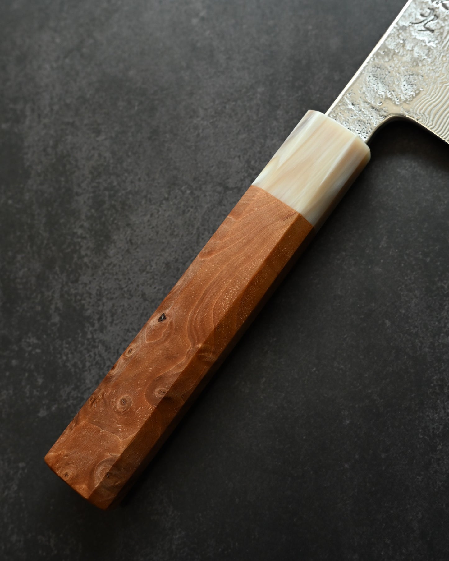 Saruku Homura-Un Knife 165mm Japanese Kitchen Knife SPG2 Damascus  Burl Wood Handle  Buffalo Horn Ferrule