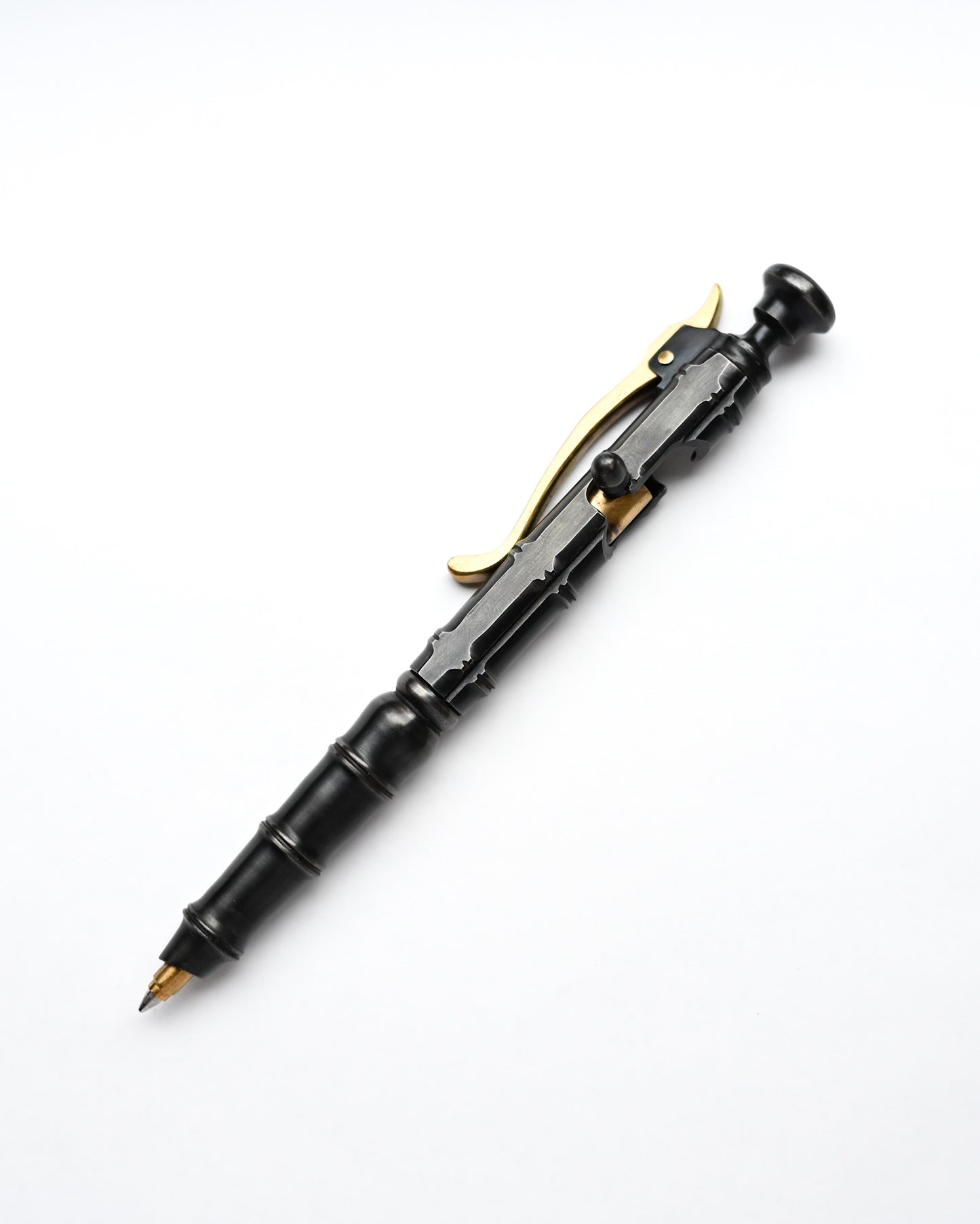 Nakayama Hideotoshi Handmade Tactical Pen – Bolt Action | Blackened Stainless Steel + Brass Accents | Bamboo-Inspired Design