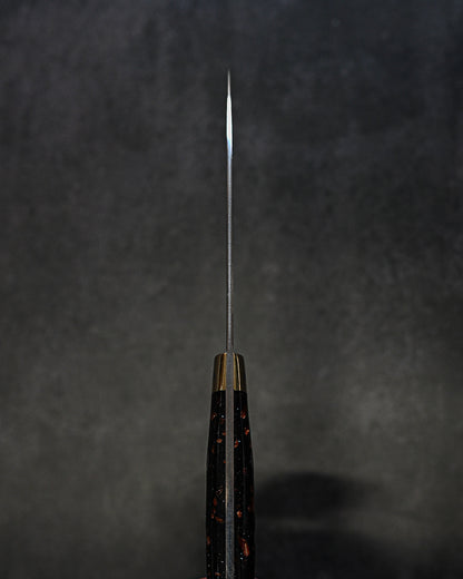 佐治武士 V金10W 有色ダマスカス ペティ 90mm ミガキ仕上げ 黒茶コーリアンハンドル