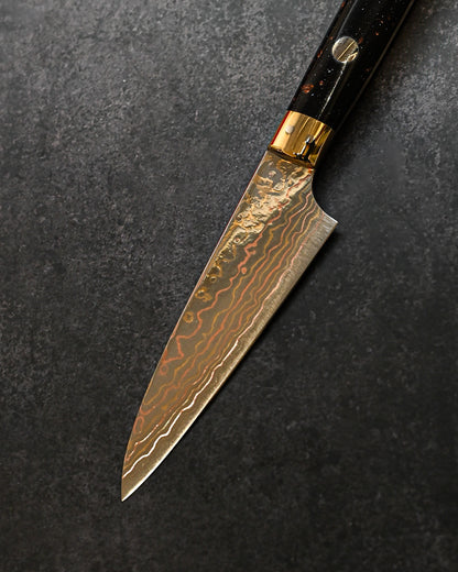 佐治武士 V金10W 有色ダマスカス ペティ 90mm ミガキ仕上げ 黒茶コーリアンハンドル