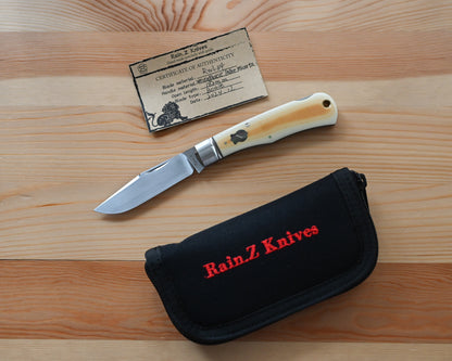 Rain.Z Knives 手作り折りたたみナイフ – 2025年 東京TFKS 唯一モデル RWL34 ボウイナイフ（アンティーク Westinghouse Micarta ハンドル）