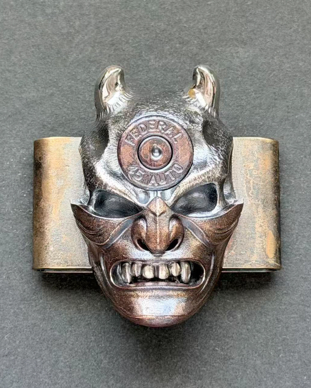 Steel Flame XXXL Hannya Skull MOLLE Clip – 925 Silver with Bronze Mask & 45A