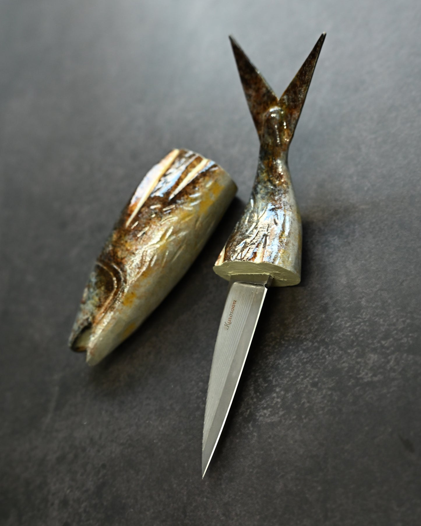 Tsuguo Kurosawa Handmade Mini Knife – Laminated Steel · Grilled Fish Design