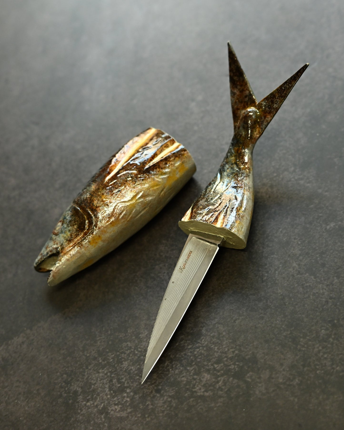 Tsuguo Kurosawa Handmade Mini Knife – Laminated Steel · Grilled Fish Design