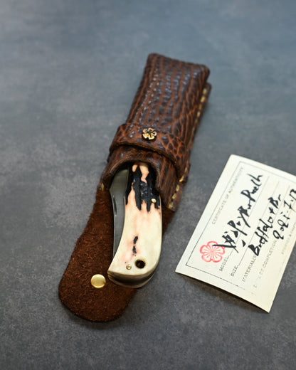 Wtopia One-off Buffalo Leather Pocket Knife Sheath | Bronze Plum Blossom Inlay | Handmade | 