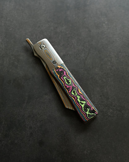 Haoworks Design Eirou  (Shadow Wolf) SG2 Mokume Damascus Folding Knife  Neon Lava Handle