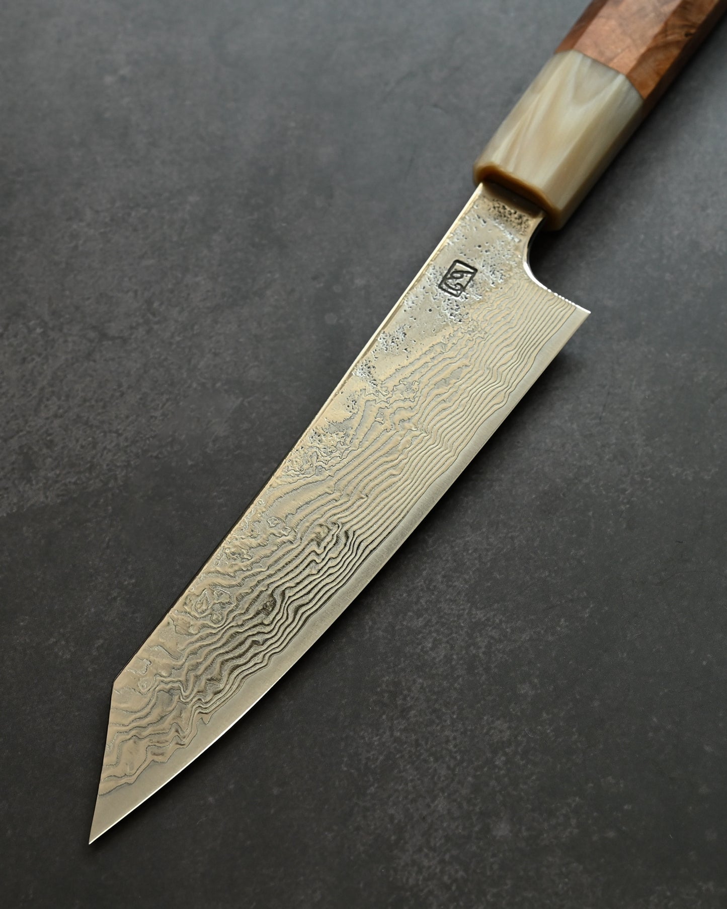 Saruku Homura-Un Petty Knife 135mm Japanese Kitchen Knife SPG2 Damascus  Burl Wood Handle  Buffalo Horn Ferrule