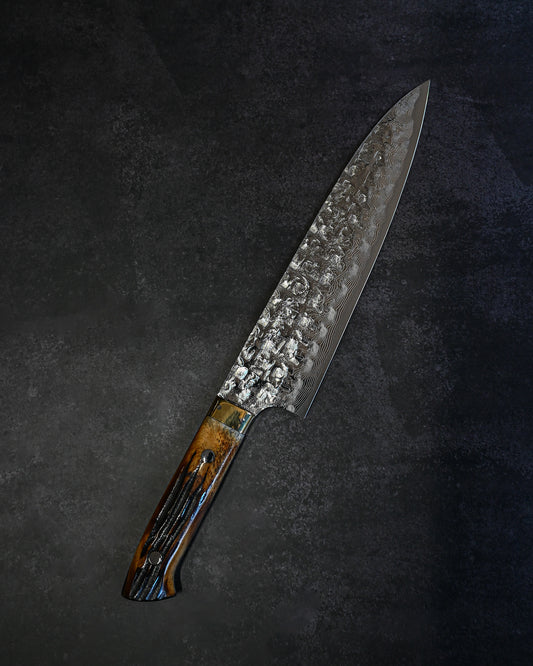 Takeshi Saji VG10 Cross-Hammered Damascus Gyuto 210mm – Diamond Finish – Yellow Deer Antler Handle – Handmade Japanese Chef Knife