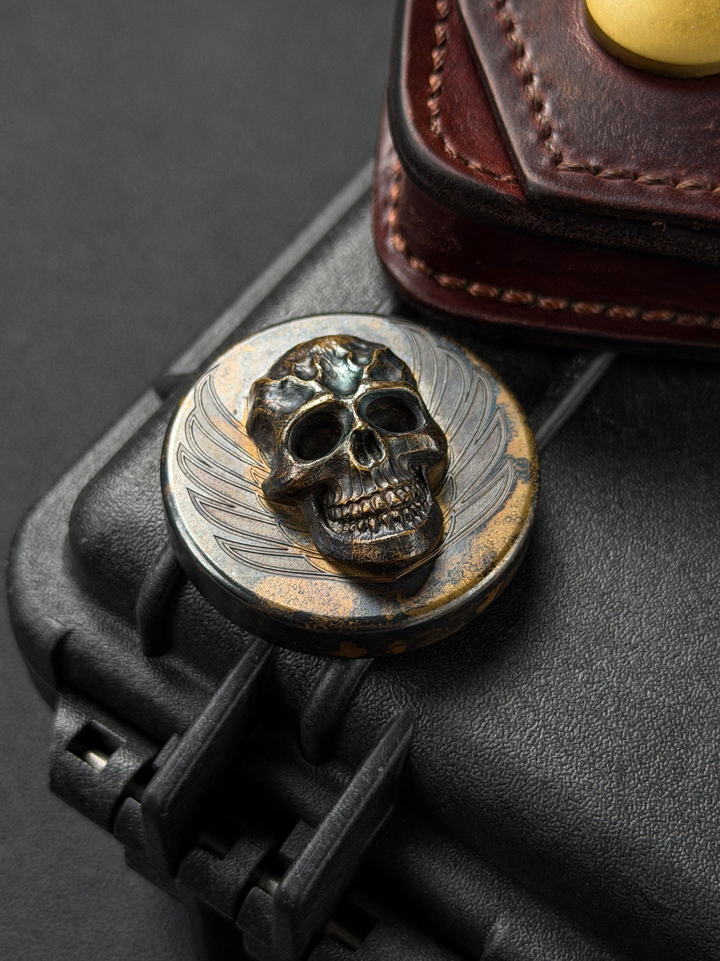 Rare Vintage STEEL FLAME Bronze Dark Skull EDC Challenge Coin – Made in USA