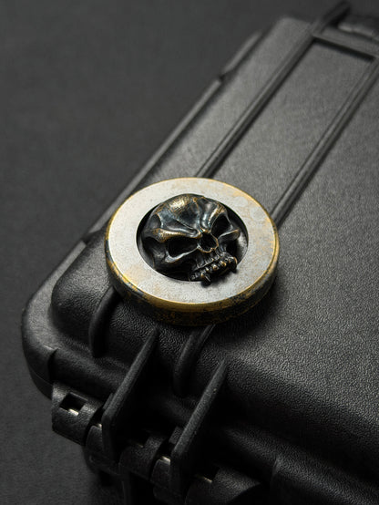 Rare Vintage STEEL FLAME Bronze Warrior Skull EDC Challenge Coin with Handmade Leather Case – Made in USA