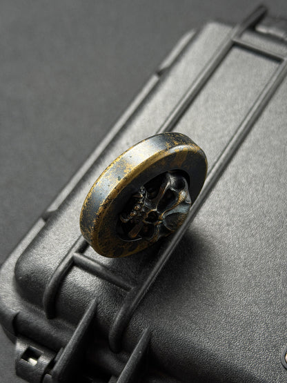 Rare Vintage STEEL FLAME Bronze Warrior Skull EDC Challenge Coin with Handmade Leather Case – Made in USA
