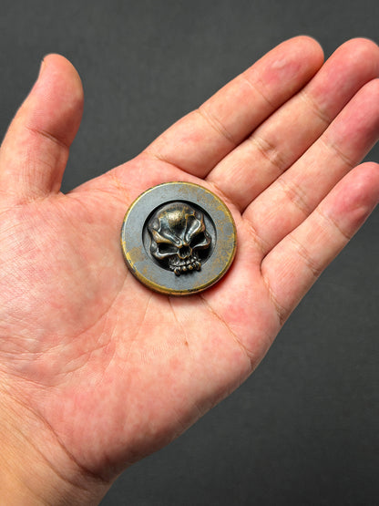 Rare Vintage STEEL FLAME Bronze Warrior Skull EDC Challenge Coin with Handmade Leather Case – Made in USA